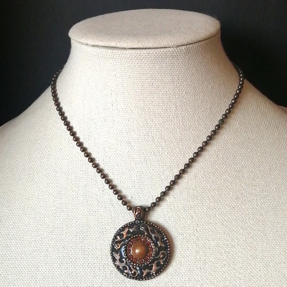Bohemian Medallion Necklace Bronze Colour Brown Stones